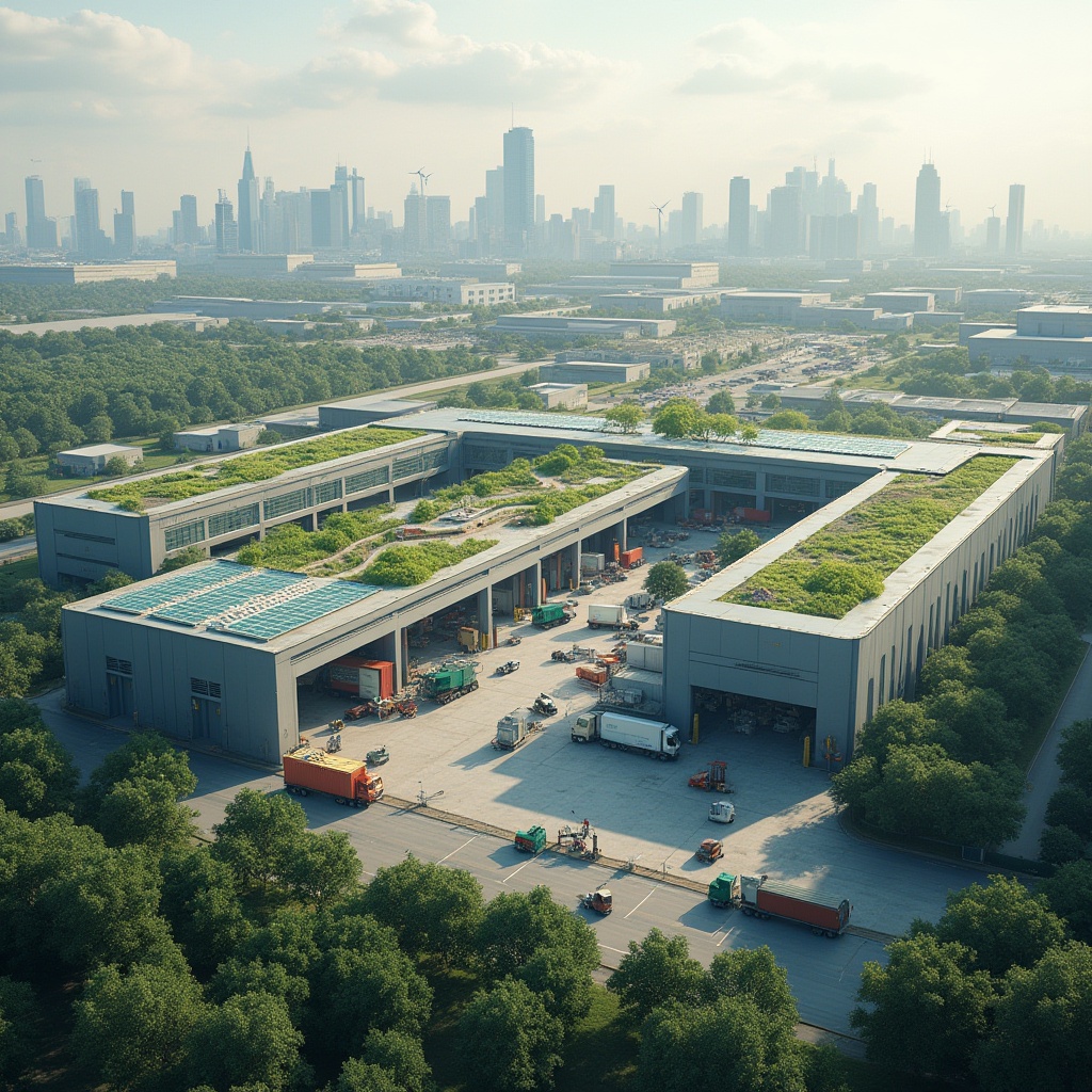 Prompt: Sustainable distribution center, international style, modern architecture, green roofs, solar panels, wind turbines, large warehouses, cargo ships, containers, trucks, forklifts, eco-friendly materials, recycling bins, composting areas, natural lighting, skylights, open spaces, minimal waste, zero-emission goals, futuristic, high-tech, urban setting, cityscape, skyscrapers, bustling streets, morning light, soft focus.