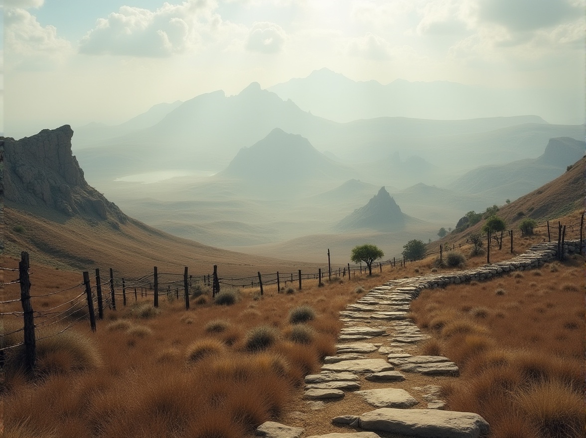 Prompt: Plateau regions, rugged terrain, elevated landforms, vast expanses, rocky outcrops, sparse vegetation, distant mountains, misty atmosphere, low-hanging clouds, rustic wooden fences, worn stone pathways, solitary trees, wind-swept grasslands, earthy tones, natural textures, soft warm lighting, cinematic composition, panoramic view.