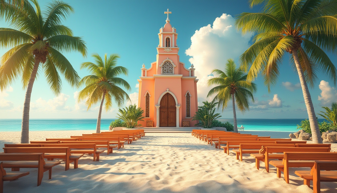 Prompt: Warm apricot color, beach church, tropical architecture, palm trees, sunny day, clear blue sky, puffy white clouds, sandy beach, seashells, gentle sea breeze, soft focus, warm lighting, romantic atmosphere, wooden benches, stained glass windows, intricate stone carvings, rustic doors, coastal landscape, serene ambiance, 3/4 composition, shallow depth of field.