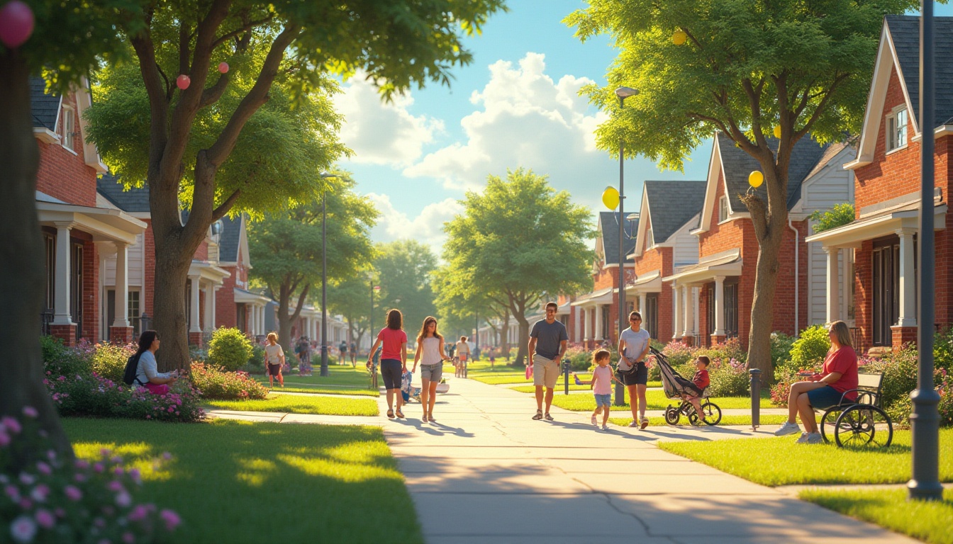 Prompt: Residential areas, suburban community, cozy atmosphere, sunny afternoon, green grass, blooming flowers, trees with swing sets, playground equipment, kids playing tag, mothers chatting on benches, fathers pushing strollers, happy smiles, colorful balloons tied to lampposts, modern houses with porches, American-style villas, red-brick buildings, schools in the background, students walking with backpacks, bicycles parked outside, vibrant graffiti on walls, educational posters in windows, 3/4 composition, warm lighting, shallow depth of field, gentle focus on community activities.