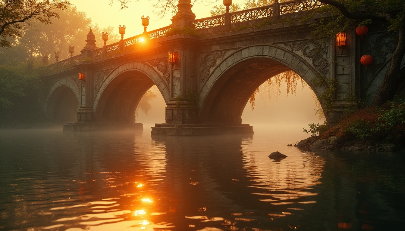 Prompt: Golden bridge, majestic arches, intricate ironwork details, sunset warm light, golden hue reflecting off water, riverbank, lush greenery, vines crawling up pillars, lanterns hung under bridge, soft misty atmosphere, serene composition, 3/4 view, low-angle shot, cinematic lighting, shallow depth of field, warm ambient color tone, natural texture, rustic material, gentle ripples on water surface.