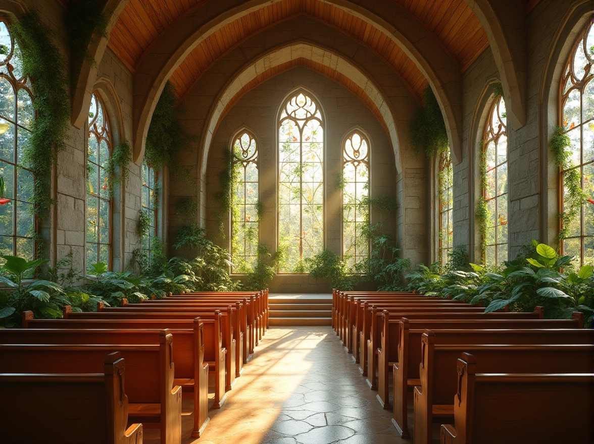 Prompt: Church interior design, nature-inspired, botanical patterns, wooden pews, leaf-shaped windows, flower-patterned stained glass ceiling, stone walls with moss growth, natural light pouring in, warm earthy tones, serene atmosphere, peaceful ambiance, forest surroundings, trees visible through windows, birds singing outside, gentle breeze rustling leaves, soft sunlight filtering through foliage, 3/4 composition, panoramic view, warm color palette, rustic texture, organic shapes.