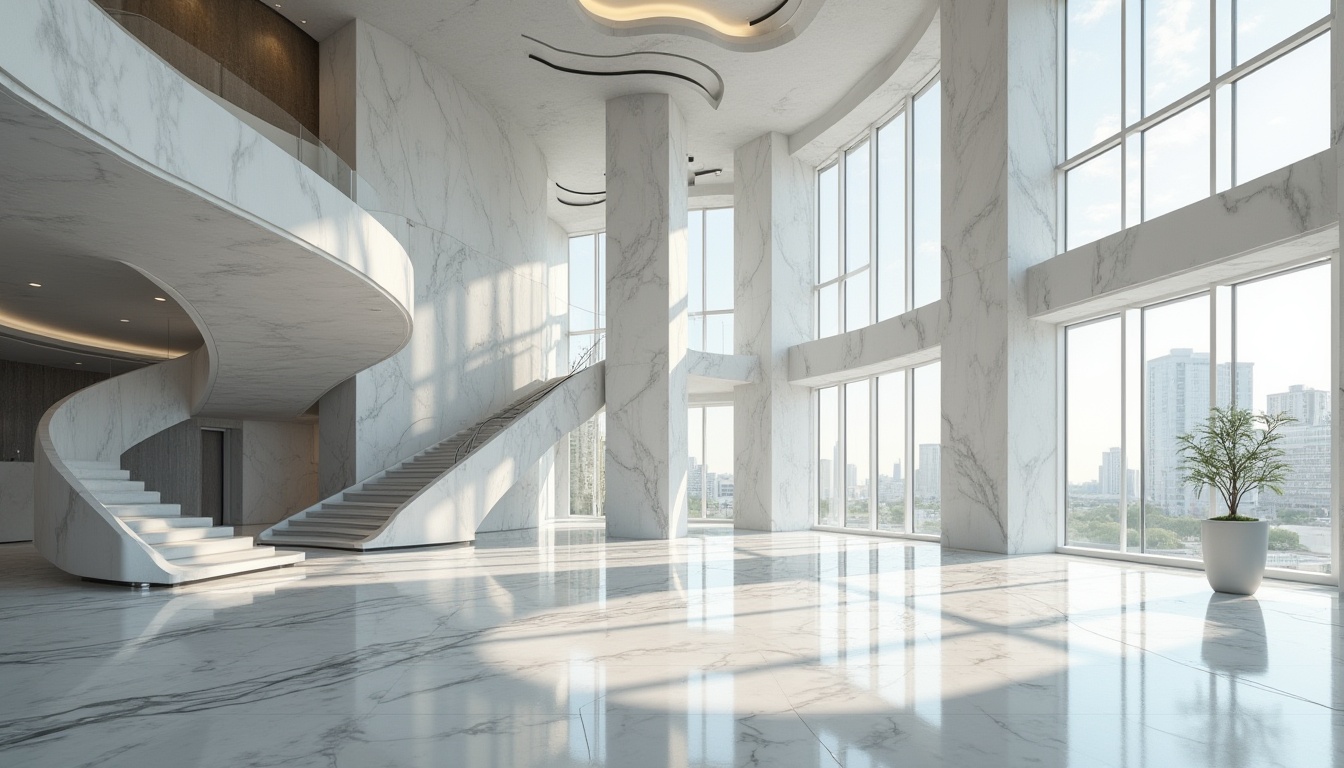 Prompt: Marble material, Bauhaus design, modern architecture, sleek lines, geometric shapes, monochromatic color scheme, luxury interior, polished floors, minimalist decor, column structure, grand staircase, high ceiling, vast windows, urban landscape, cityscape, daytime, soft natural light, cinematic composition, 3/4 view.