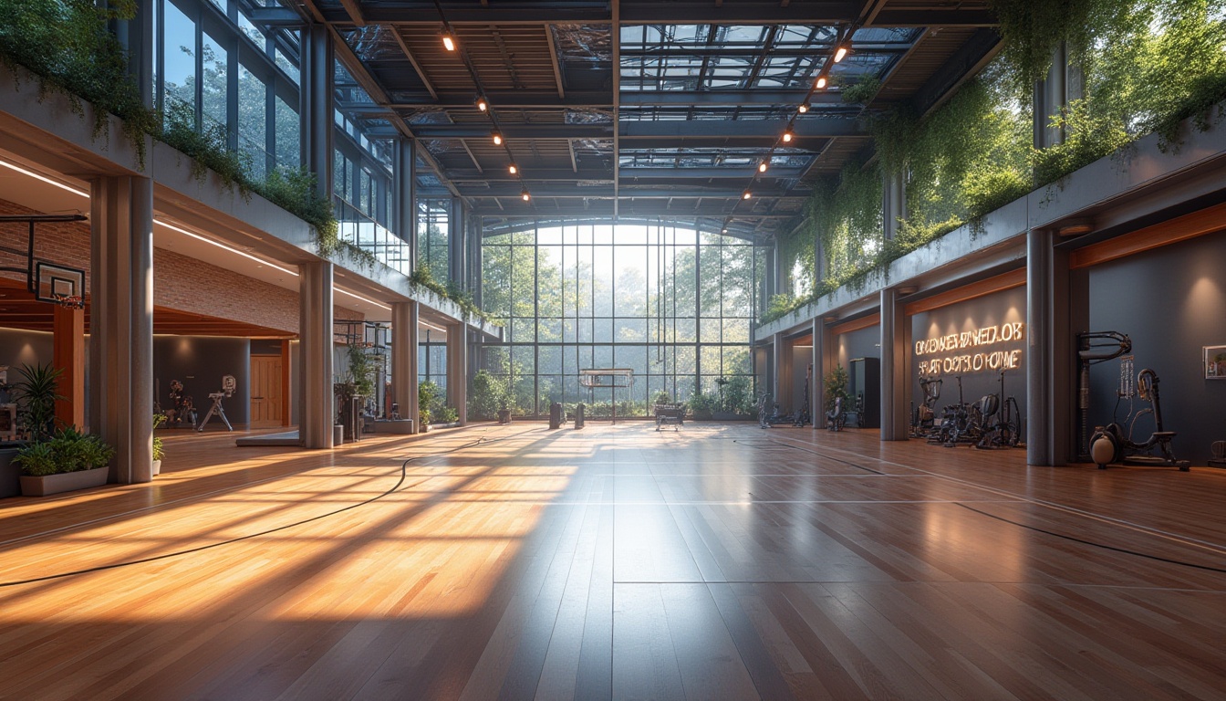 Prompt: Modern suburban gymnasium, sleek architecture, angular lines, metallic materials, glass façade, rooftop garden, vibrant LED lighting, indoor basketball court, professional-grade exercise equipment, mirrored walls, polished wooden floors, motivational quotes on walls, energetic atmosphere, morning sunlight, soft natural light, shallow depth of field, 3/4 composition, panoramic view.