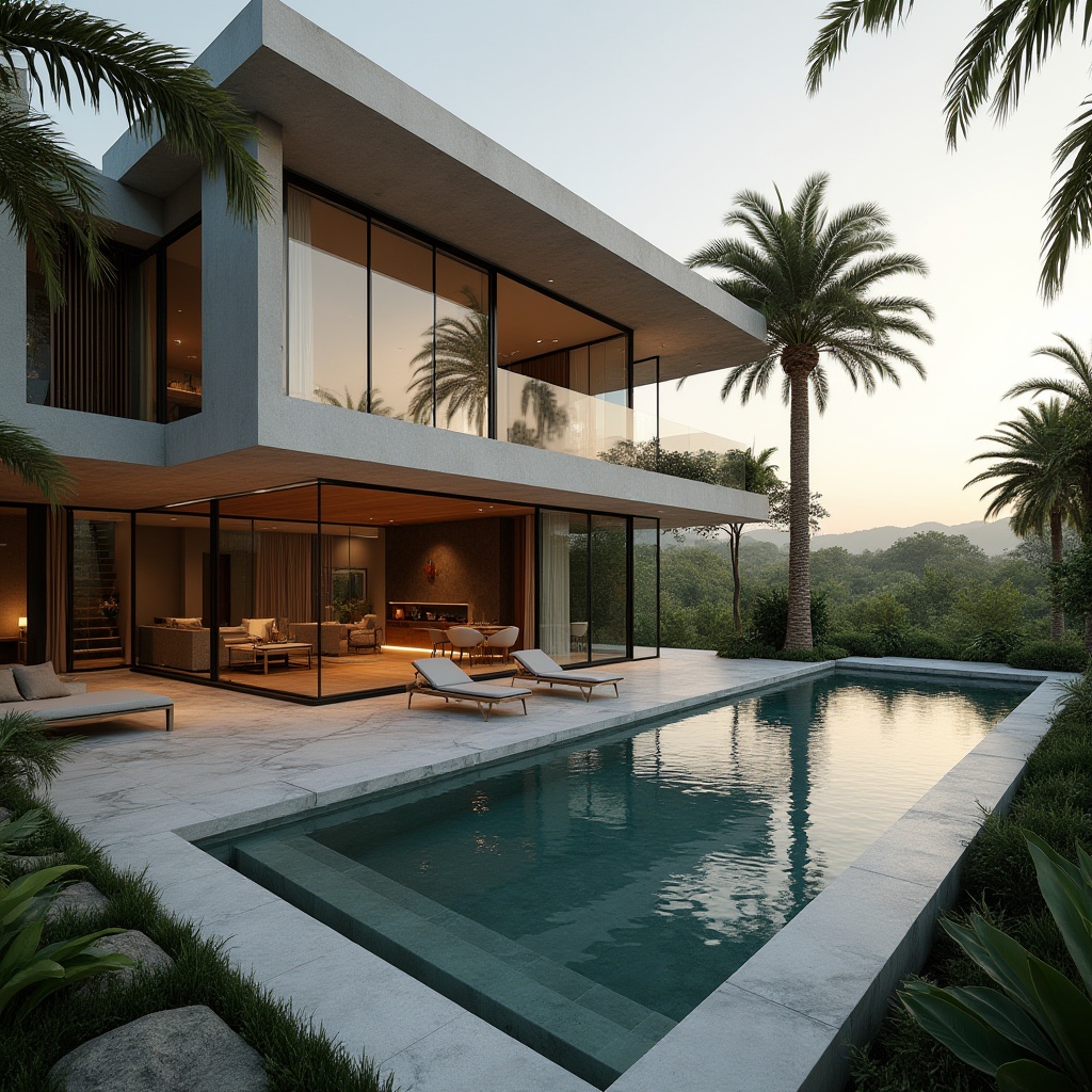 Prompt: Luxurious modern villa, sleek lines, minimalist architecture, large glass windows, sliding doors, outdoor infinity pool, sunken seating area, lush greenery surroundings, tropical plants, palm trees, warm natural light, soft evening ambiance, 3/4 composition, low-angle shot, cinematic mood, warm color tone, high-end interior design, marble floors, minimalist furniture, abstract artwork, panoramic view.