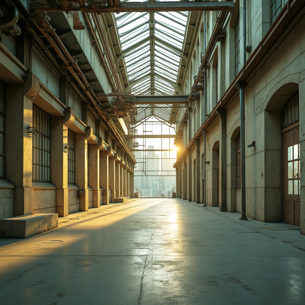 Prompt: Industrial factory, green architecture, wheat color palette, rusty steel beams, glass roofs, urban landscape, cityscape, modern design, clean lines, minimalist interior, concrete floors, metal pipes, exposed ductwork, large windows, natural light, airy atmosphere, warm beige walls, earthy tones, industrial chic, brutalist style, urban jungle, city skyline, afternoon sunlight, soft focus, cinematic lighting.