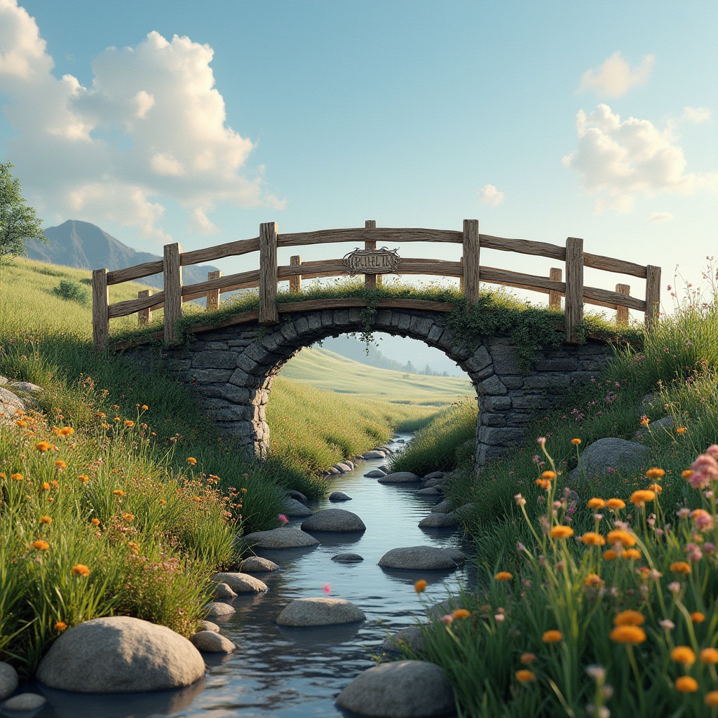 Prompt: Rustic wooden bridge, curved shape, gentle slope, grassland environment, sunny day, blue sky with few white clouds, wildflowers blooming underneath, a meandering stream running below, shallow water, stepping stones, natural stone foundation, wooden railings, vines crawling up pillars, serene atmosphere, warm lighting, soft focus, 3/4 composition, panoramic view.