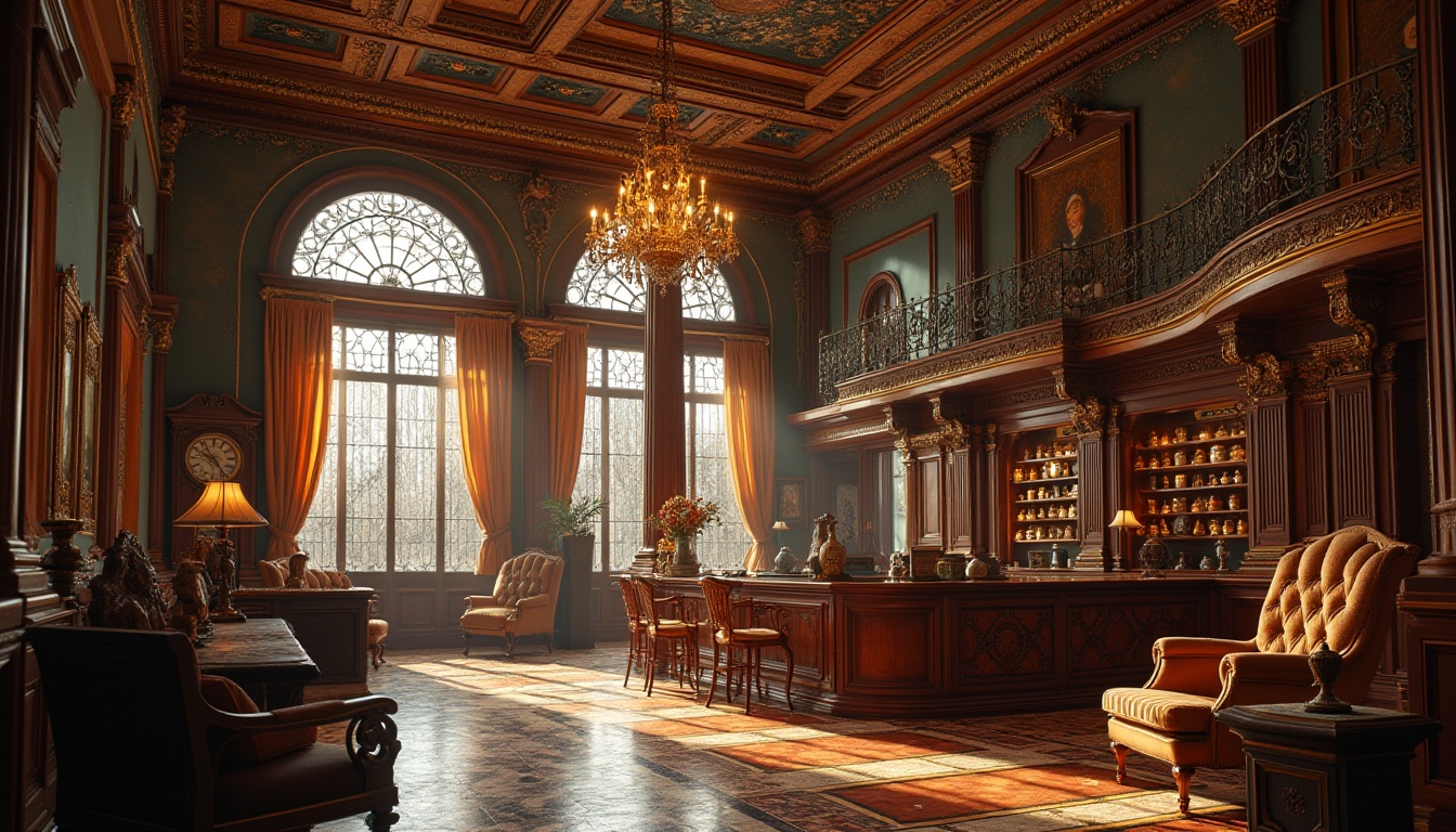 Prompt: Eclectic bank interior, grandiose chandeliers, intricate wood carvings, luxurious marble floors, ornate metal railings, oversized windows, high ceilings, Victorian-era inspired furniture, rich velvet drapes, vintage clocks, antique artifacts on display, warm golden lighting, subtle shadows, 3/4 composition, shallow depth of field, cinematic atmosphere.