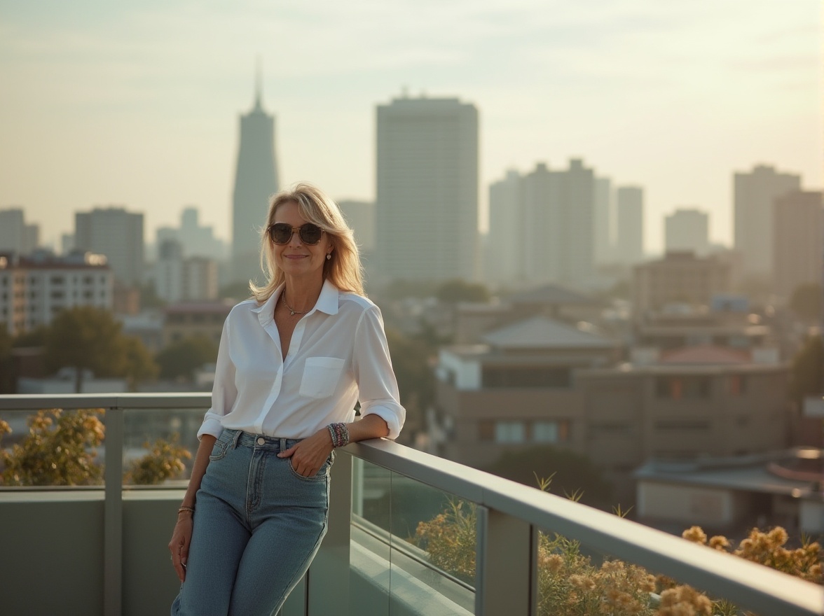 Prompt: Urban scenery, khaki color tone, modern cityscape, skyscraper, rooftop garden, mature lady, casual wear, jeans, white shirt, sneakers, sunglasses, relaxed pose, leaning on rail, panoramic view, 3/4 composition, natural lighting, warm atmosphere, shallow depth of field.