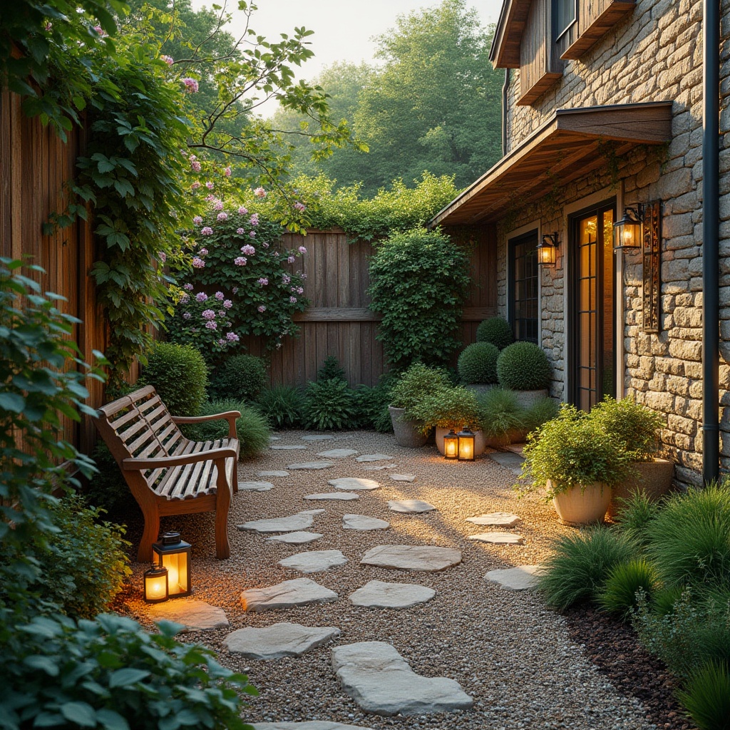 Prompt: Outdoor space, backyard patio, natural stone masonry wall, rustic wooden fence, lush greenery, flowering vines, gravel pathway, garden benches, lanterns, warm evening lighting, soft shadows, natural texture, rough-hewn stones, earthy tone, organic composition, 3/4 view, slight Dutch angle, cinematic ambiance.