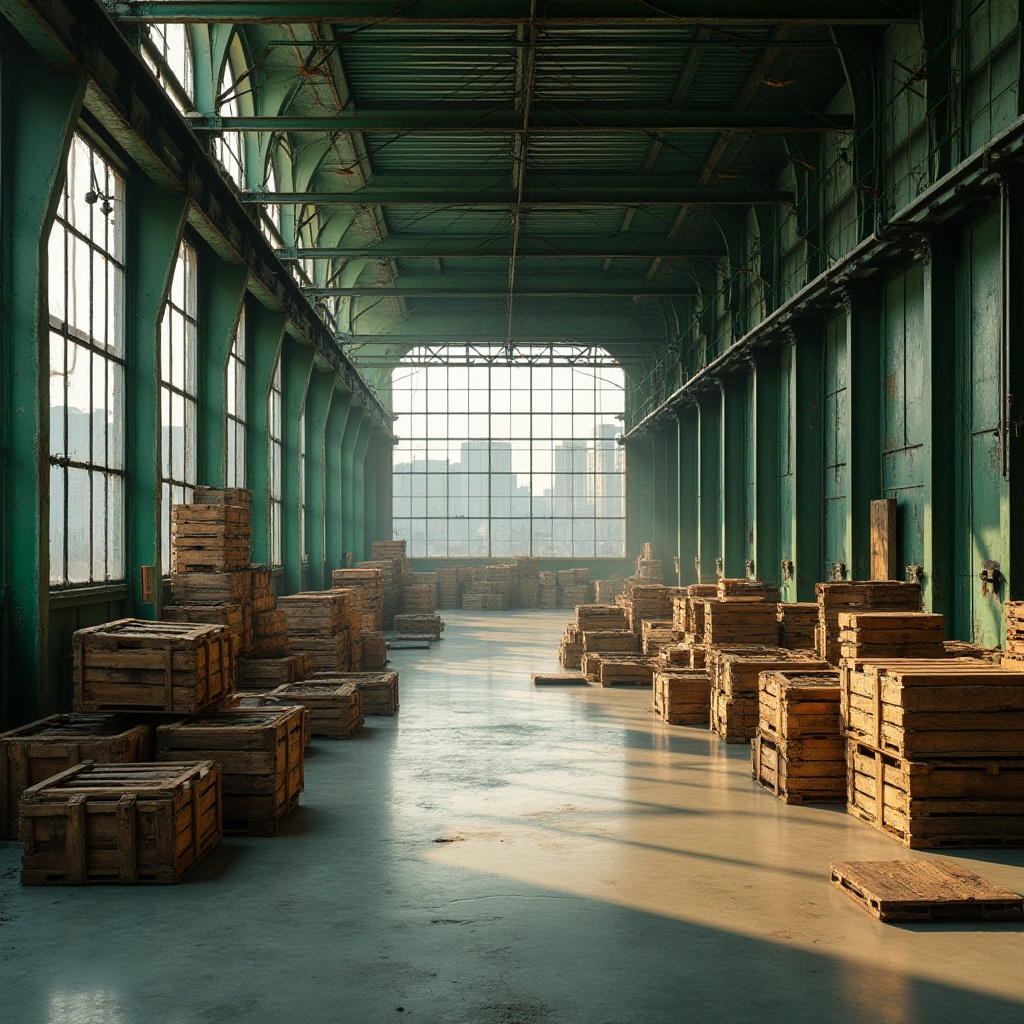 Prompt: Industrial factory, green architecture, wheat color palette, rustic metal beams, weathered wooden crates, concrete floors, large glass windows, natural light, modern minimalist interior, urban landscape, cityscape background, overcast sky, warm softbox lighting, 3/4 composition, shallow depth of field.