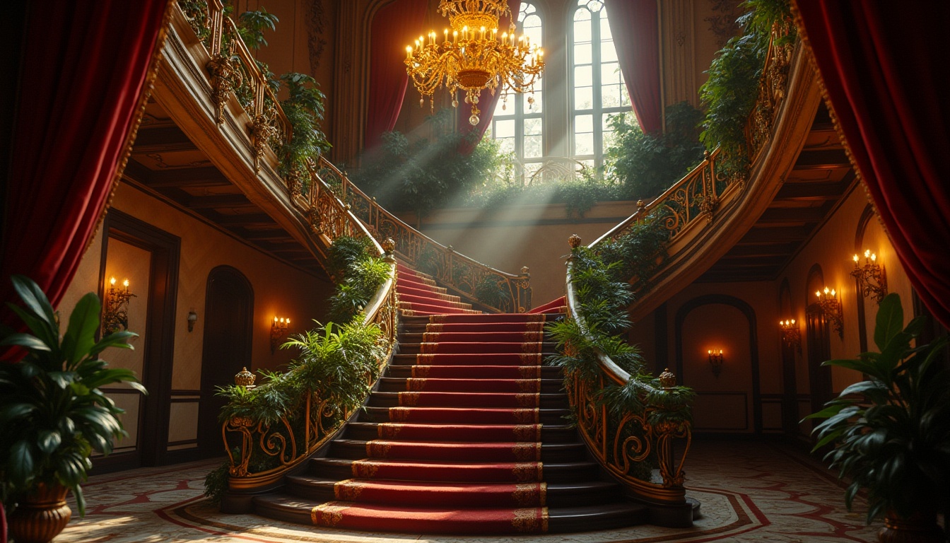 Prompt: Art Nouveau cinema, ornate decorations, grand staircase, velvet curtains, golden accents, intricate patterns, lush greenery, elegant chandeliers, soft warm lighting, cinematic composition, 3/4 view, low-angle shot, luxurious materials, rich textures, opulent atmosphere, mysterious ambiance, intimate setting, sensual curves, flowing lines, vintage camera, old film reels, antique film equipment, nostalgic mood, dreamy quality, romantic tone.