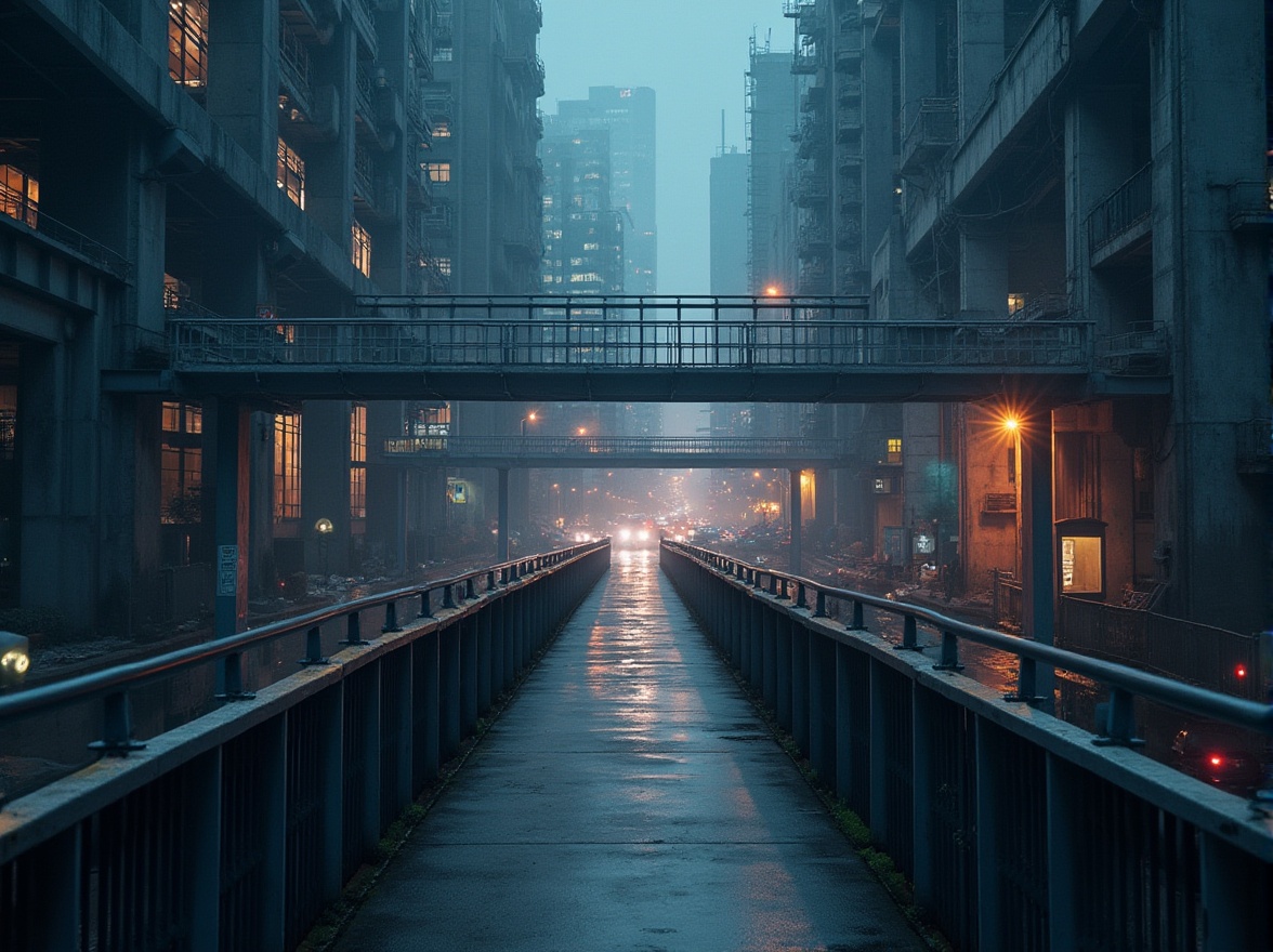 Prompt: Industrial area, pedestrian bridge, steel structure, modern architecture, cityscape, urban planning, concrete pillars, metal railings, LED lighting, night scene, futuristic ambiance, high-angle shot, dramatic shadows, misty atmosphere, busy streets, blurred traffic lights, skyscrapers in background, reflective windows, urban jungle, dynamic composition, cinematic mood, 3/4 view, shallow depth of field.