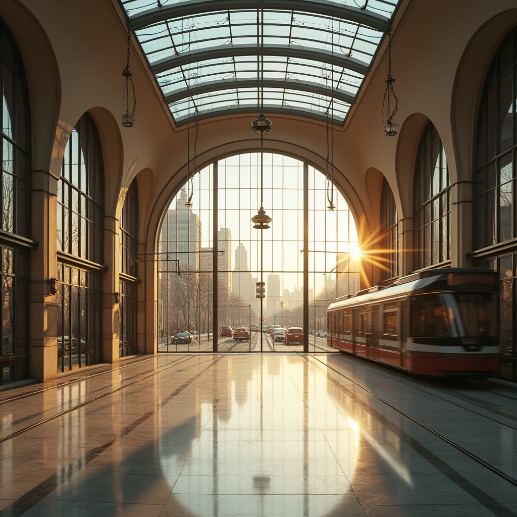 Prompt: Elegant tram station, Streamline Moderne architecture, grand entrance, high ceilings, large glass windows, sleek metal frames, curved lines, minimalist decorations, marble floors, warm lighting, afternoon sunbeams, cityscape background, urban landscape, busy streets, modern skyscrapers, blurred motion of passing trams, shallow depth of field, cinematic composition, wide-angle lens.