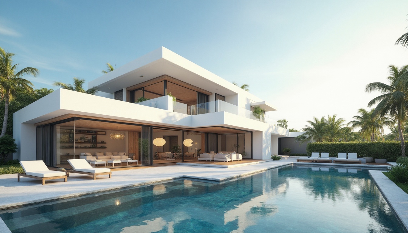 Prompt: Modern villa, luxurious residence, Mediterranean style, white walls, large windows, sliding glass doors, minimalist decor, sleek lines, flat roof, outdoor pool, sun loungers, tropical plants, palm trees, blue sky, warm sunlight, 3/4 composition, shallow depth of field, cinematic lighting, afternoon atmosphere.