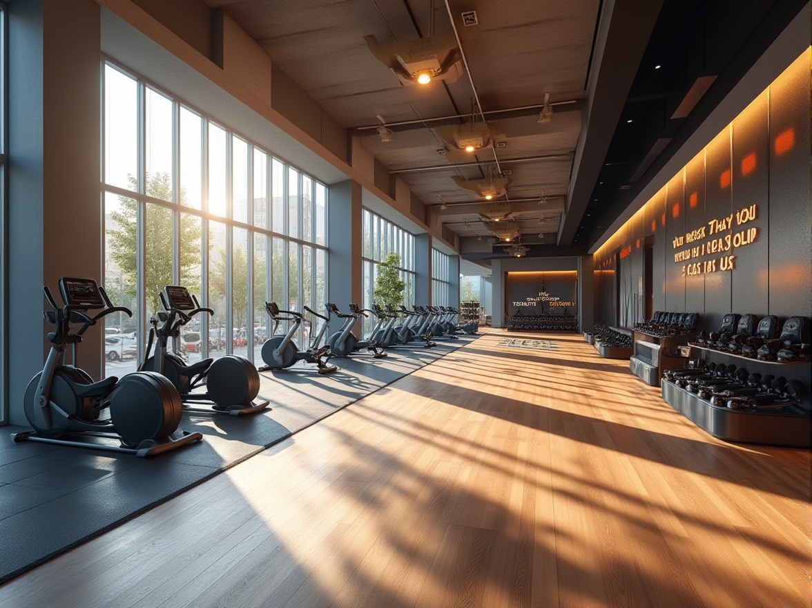 Prompt: Modern suburban gymnasium, sleek lines, minimalist architecture, large glass windows, natural light pouring in, polished wooden floors, mirrored walls, state-of-the-art equipment, free weights, treadmills, exercise bikes, spacious locker rooms, modern showers, LED lighting, vibrant color scheme, motivational quotes on walls, urban background, morning sunlight, soft focus, shallow depth of field, contemporary design.