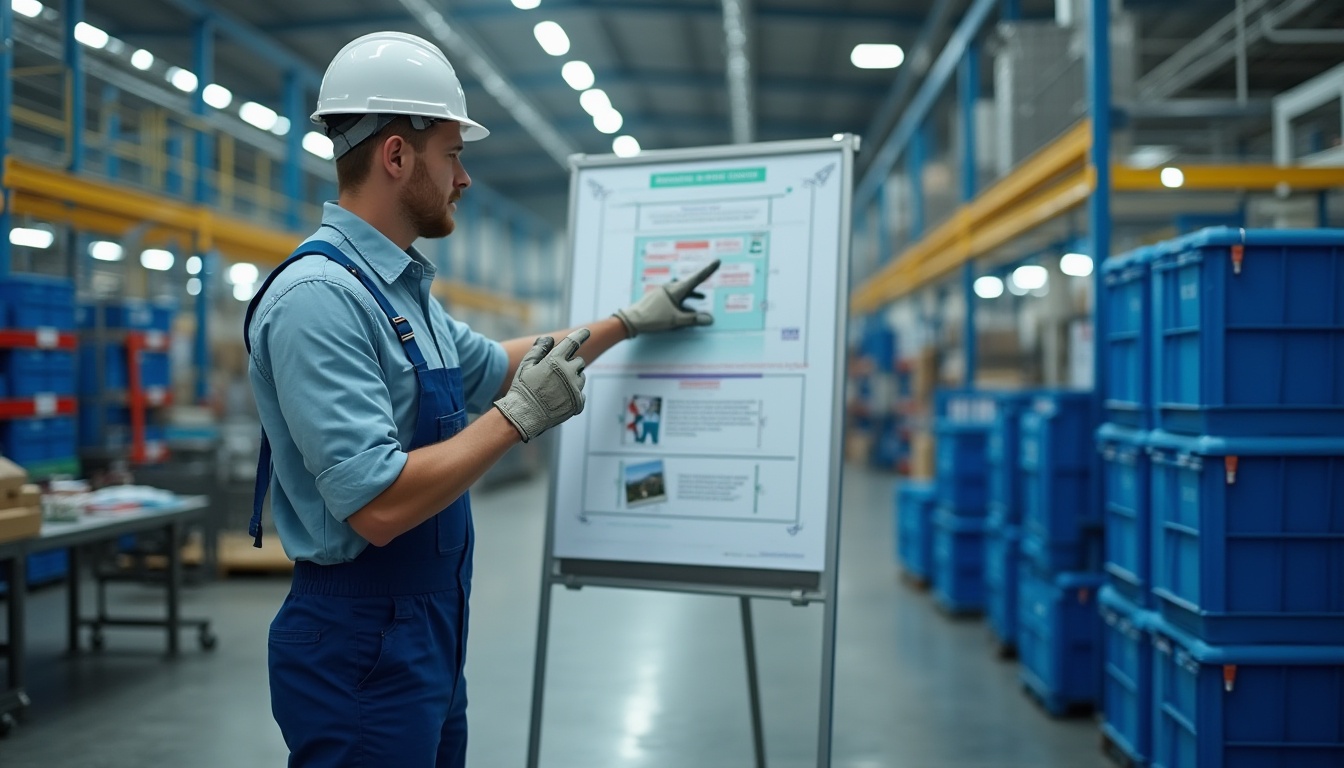 Prompt: Industrial setting, factory interior, polyethylene materials, benefits poster, solo male worker, 30s, blue overalls, safety helmet, gloves, standing, pointing to a whiteboard, explanation gesture, bright fluorescent lighting, metal shelves, stacked crates, reflective floor, shallow depth of field, realistic texture, soft focus, informative composition.