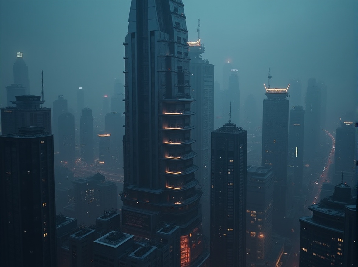 Prompt: Dark gray, modern skyscraper, watching tower, sleek metal structure, reflective glass windows, sharp angular lines, futuristic architecture, urban cityscape, nighttime scene, neon lights, misty atmosphere, foggy background, dramatic lighting, low-angle shot, cinematic composition, HDRI lighting effect.