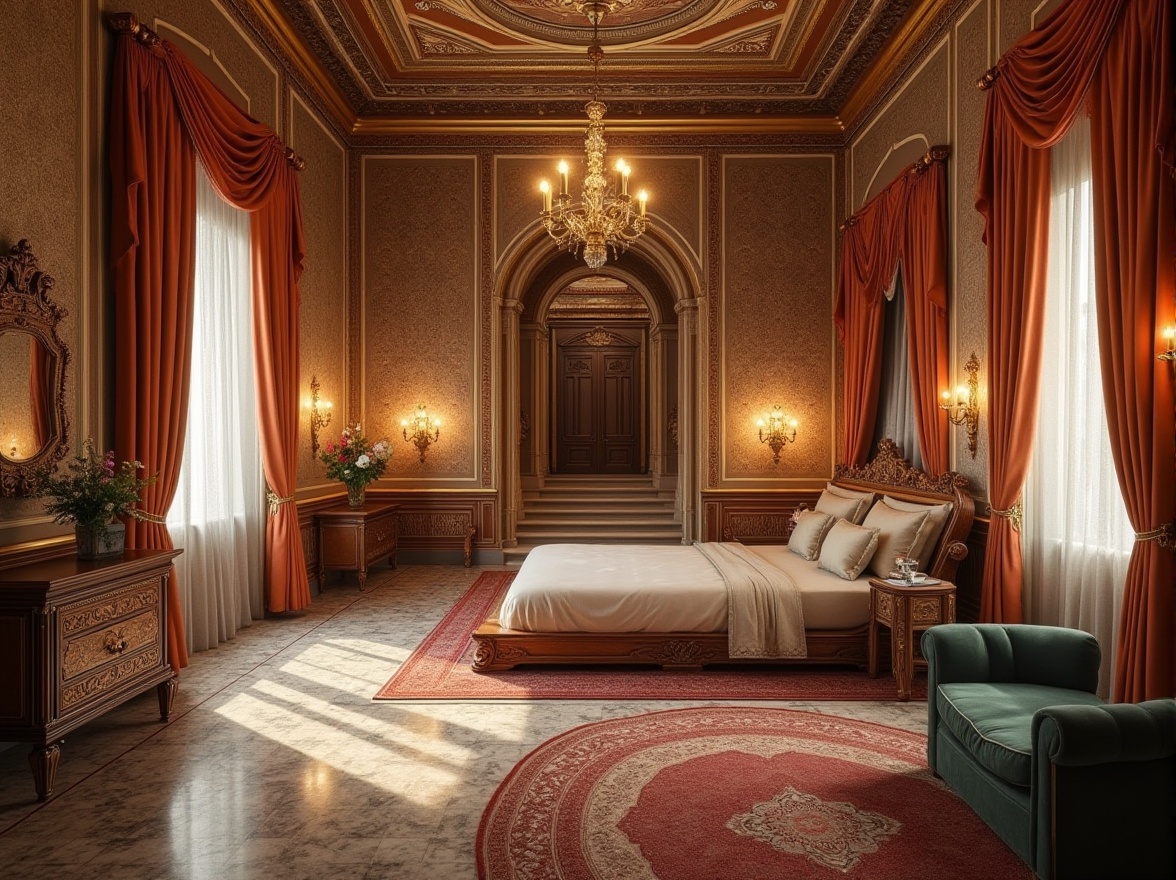 Prompt: Byzantine dorm, luxurious interior, ornate plaster material, textured walls, intricate ceiling design, golden chandeliers, grand staircase, marble flooring, lavish furnishings, velvet drapes, regal atmosphere, warm lighting, dramatic shadows, rich colors, opulent decor, antique furniture, classic columns, arches, fresco painting, majestic ambiance, high-angle shot, symmetrical composition.