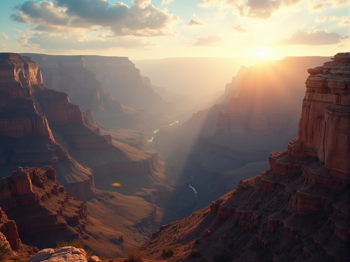 Prompt: Grand Canyon, majestic landscape, warm golden sunlight, layered rocky formations, vast open space, serene atmosphere, few wispy clouds, subtle mist, gentle breeze, rugged terrain, dramatic shadows, panoramic view, 3/4 composition, soft natural lighting, cinematic mood, adventure, exploration, discovery.