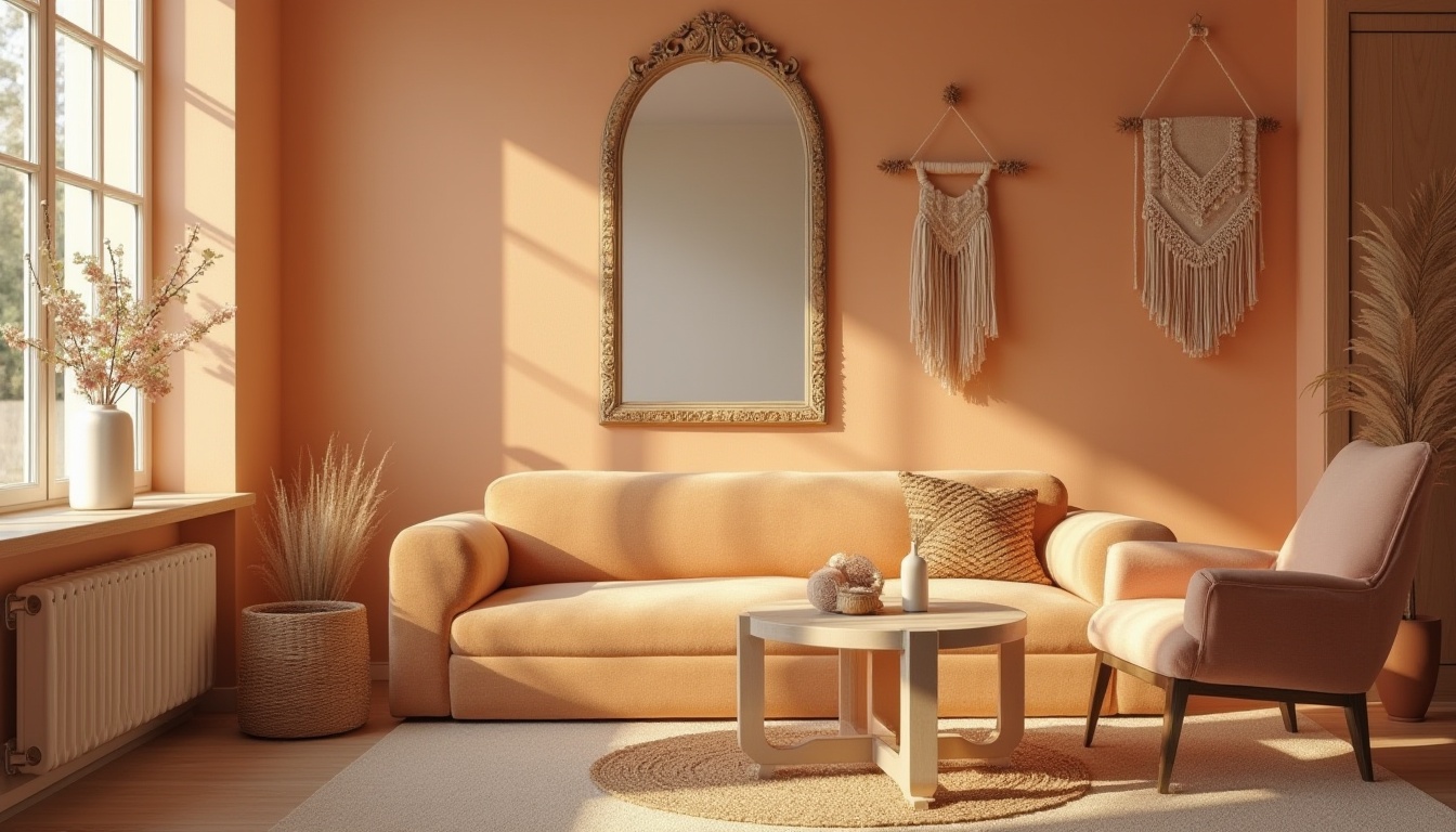 Prompt: Apricot-colored walls, vintage-inspired ornate mirror, velvet upholstered armchair, distressed wooden coffee table, warm softbox lighting, natural textures, bohemian chic interior, pastel-hued flowers in a ceramic vase, woven basket, macrame wall hanging, minimalist decorative accents, warm beige rug, 3/4 composition, shallow depth of field, inviting atmosphere, warm and cozy ambient light.