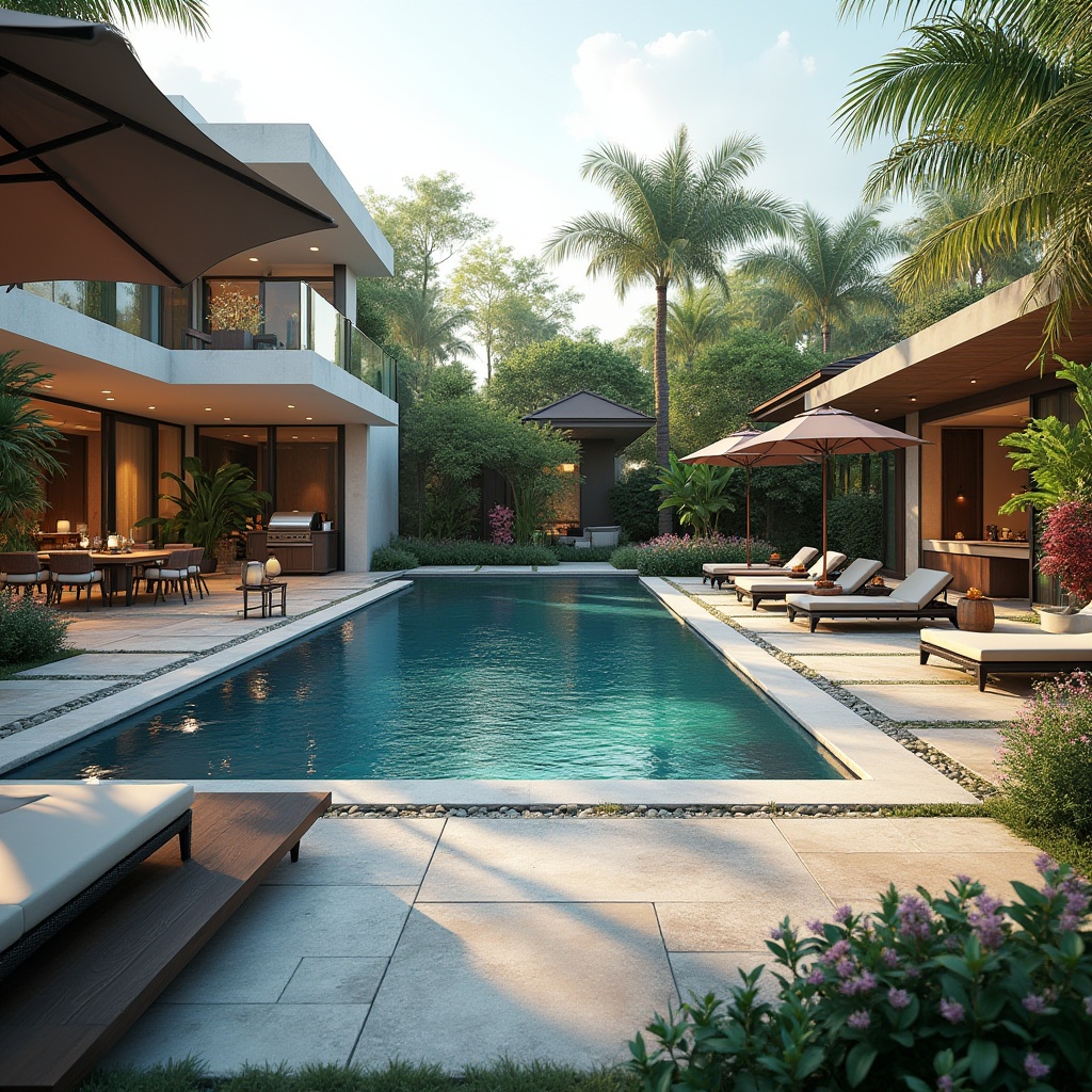 Prompt: Luxurious villa, backyard oasis, modern swimming pool, lounge chairs, sunbeds, umbrellas, lanterns, tropical plants, palm trees, colorful flowers, stone pavement, water features, fountains, outdoor kitchen, BBQ grill, wooden dining table, comfortable couches, refreshing cocktails, sunny day, soft natural light, warm atmosphere, 3/4 composition, cinematic depth of field.