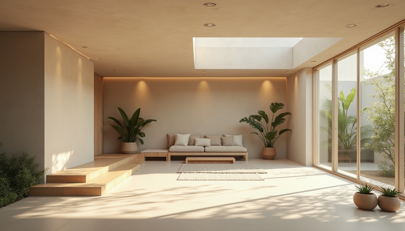 Prompt: Minimalist modern villa, sand-casted concrete walls, simple clean lines, large windows, sliding glass doors, natural light pouring in, sparse greenery, potted succulents, wooden floor, low seating furniture, beige tone on tone color scheme, soft warm ambient lighting, 3/4 composition, shallow depth of field, empty space emphasizing simplicity.