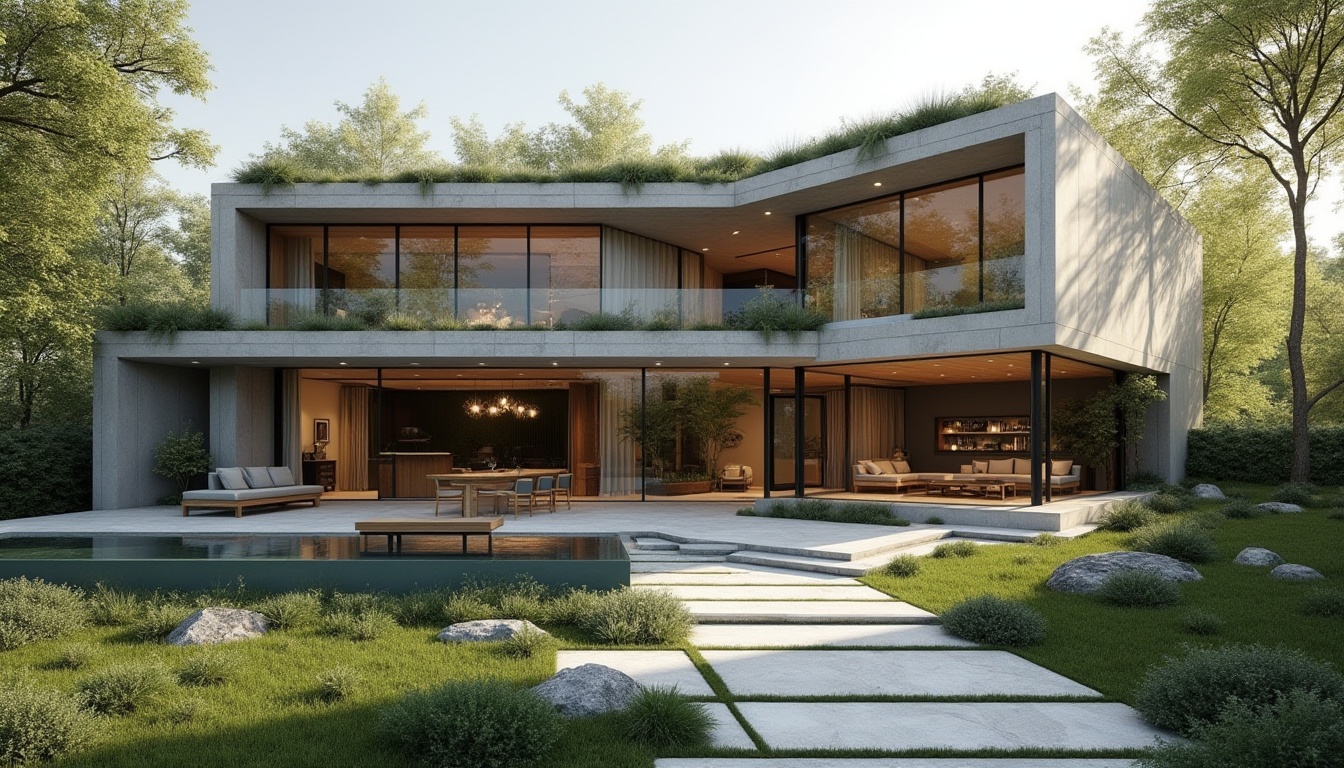 Prompt: Modern residential design, luxurious villa, exterior concrete walls, large windows, minimalist decor, green roof, lush garden, outdoor seating area, wooden accents, natural stone flooring, sleek lines, angular structure, morning sunlight, soft shadows, 3/4 composition, cinematic lighting, high-contrast tone.