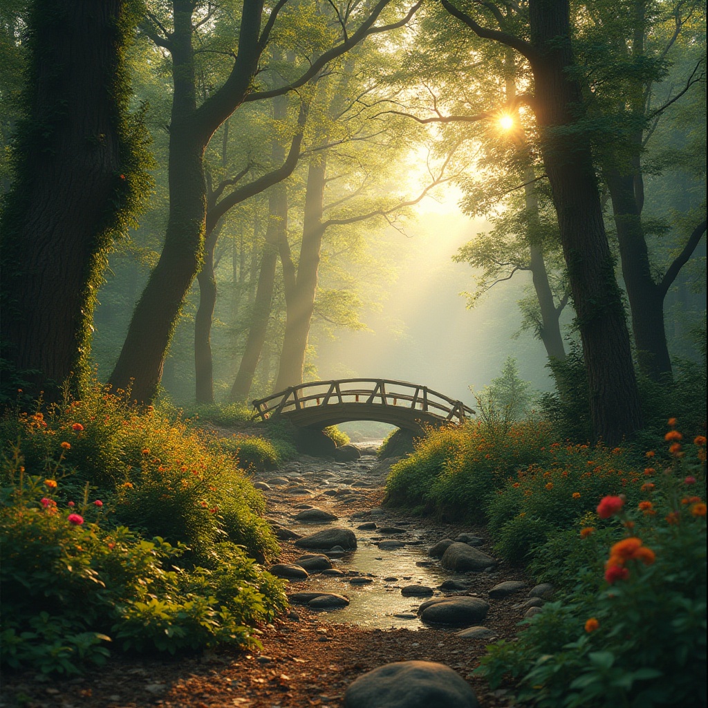 Prompt: Serene forest landscape, warm sunlight filtering through trees, lush green foliage, tall majestic trunks, twisted branches, vibrant wildflowers blooming, gentle mist rising from the ground, soft focus, 3/4 composition, peaceful atmosphere, nature sounds, birds singing, a winding dirt path disappearing into the woods, ancient wooden bridge crossing a crystal-clear stream, moss-covered stones, fallen leaves, warm color palette, cinematic lighting, natural textures, idyllic ambiance.