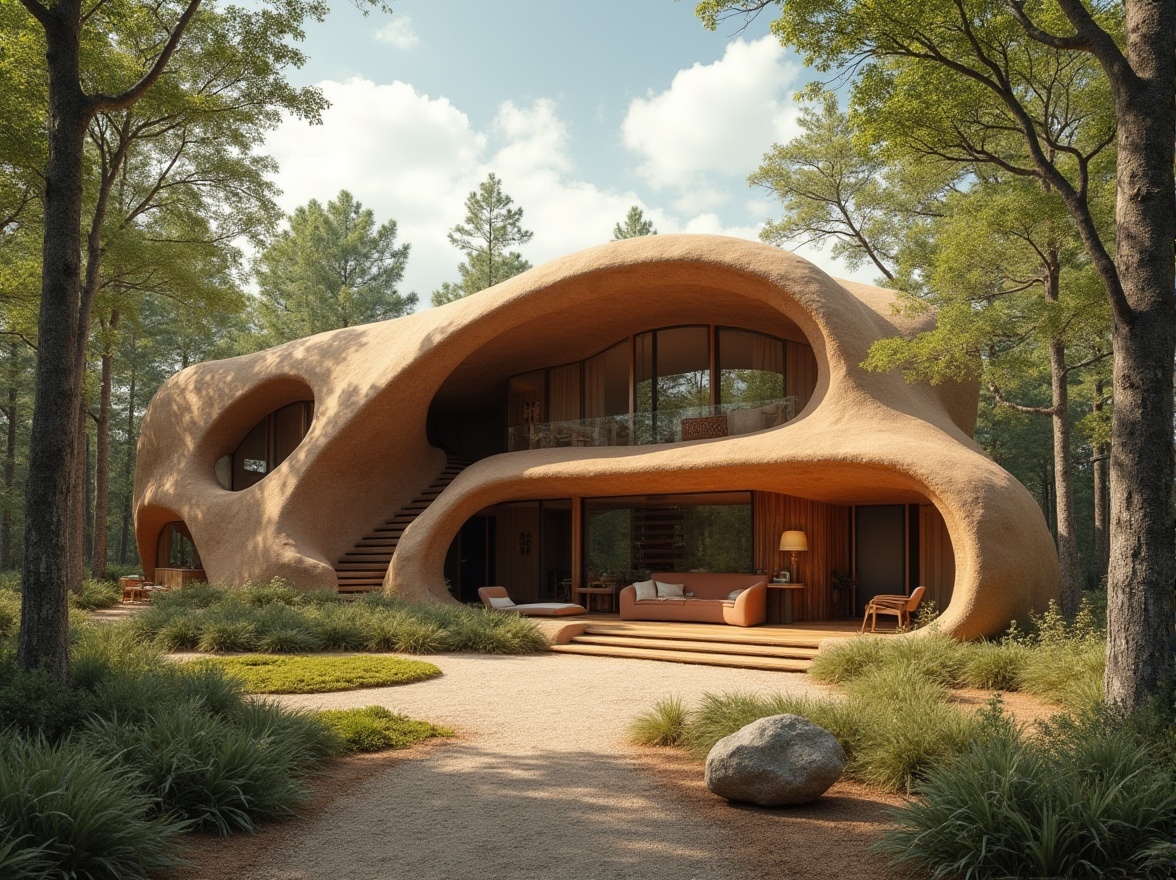 Prompt: Mud material, eco-friendly architecture, sustainable building, natural texture, earthy tone, curved lines, organic shape, rustic exterior, modern interior, villa, rural area, forest surroundings, trees, greenery, natural lighting, soft focus, warm atmosphere, cozy ambiance, 3/4 composition, shallow depth of field.