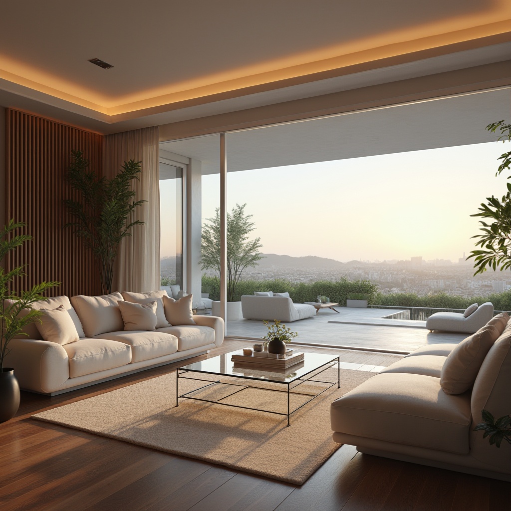 Prompt: Modern interior design, luxurious villa, contemporary furniture, plastic materials, transparent acrylic coffee table, sleek metal legs, curved lines, soft cushions, ambient lighting, 3/4 composition, warm color tone, cozy atmosphere, minimalist decor, plants with green leaves, wooden floor, panoramic view of a cityscape.