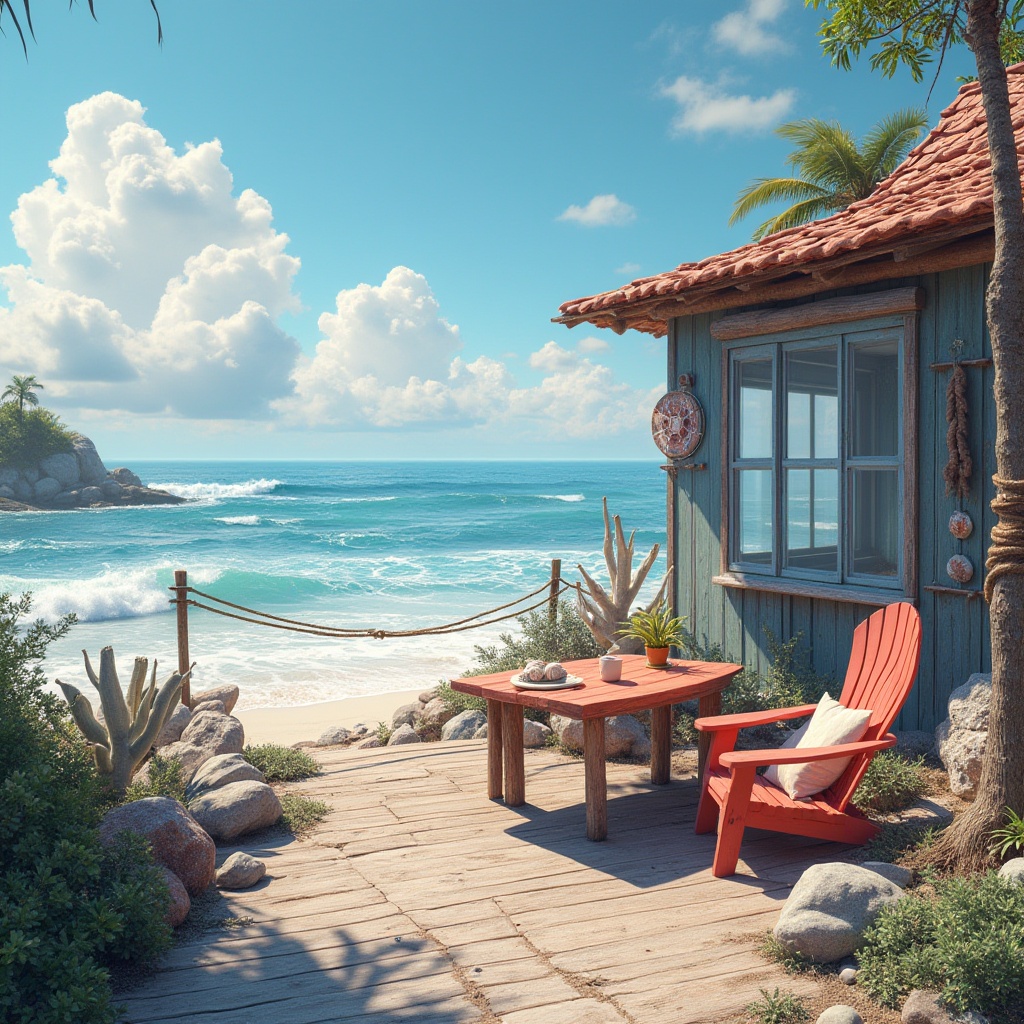 Prompt: Coastal scenery, plum color accents, beach house, wooden deck, driftwood furniture, nautical ropes, seashells decorations, ocean view, waves crashing, sea spray, sunny day, clear blue sky, white puffy clouds, warm lighting, 3/4 composition, shallow depth of field, vibrant colors, realistic textures.