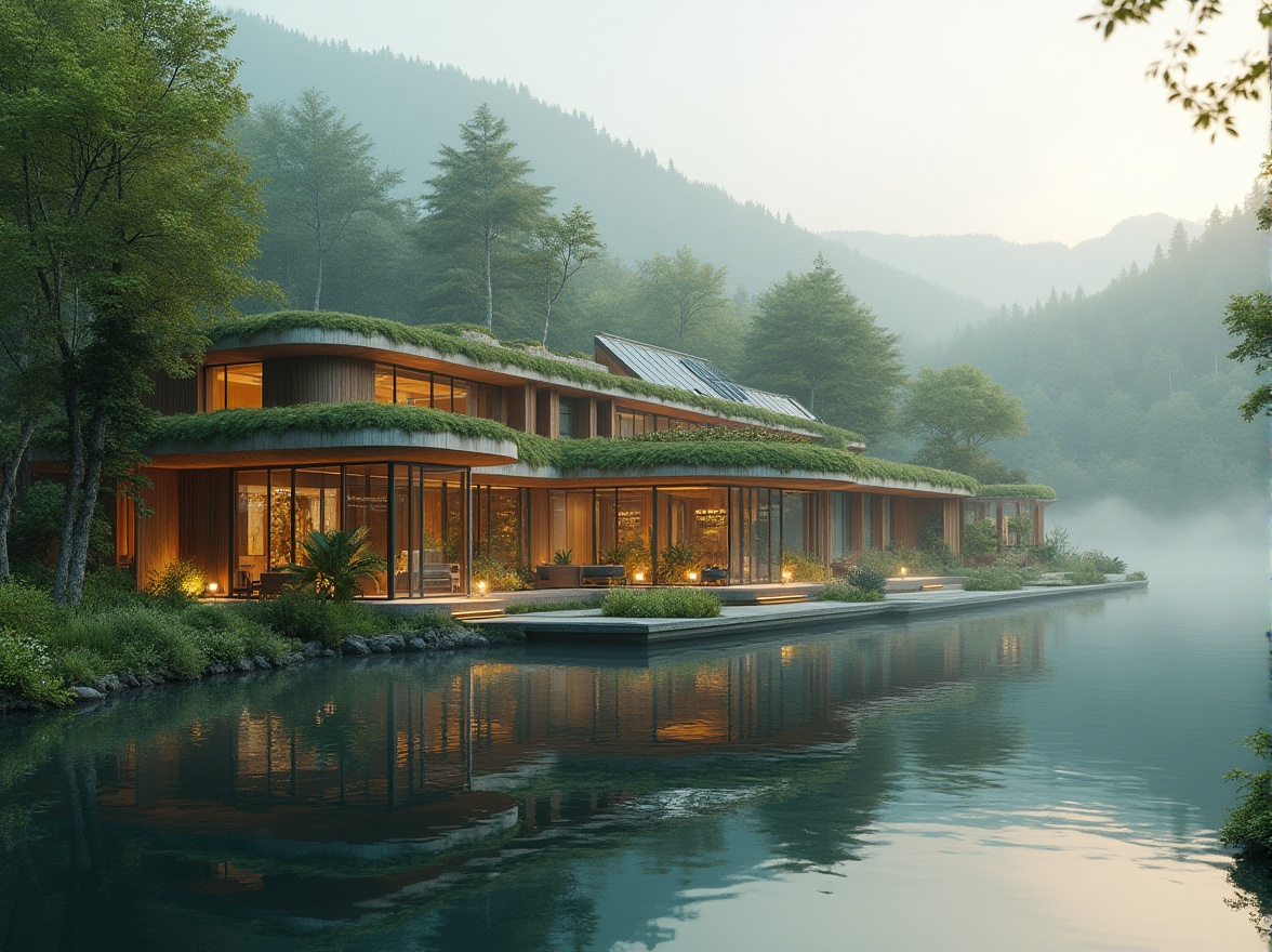 Prompt: Eco-friendly lakefront factory, green architecture, modern design, large windows, natural lighting, solar panels, recycling facilities, minimal waste, sustainable materials, lush green roofs, vertical gardens, serene atmosphere, calm lake water reflections, surrounding trees, peaceful environment, early morning mist, soft warm light, 3/4 composition, cinematic mood.