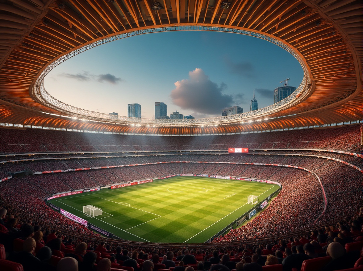 Prompt: Art Deco football stadium, luxurious grandstand, ornate metalwork, geometric patterns, sunburst motifs, chevron details, glamorous floodlights, sleek lines, curved architecture, opulent VIP boxes, lavish player tunnels, vintage scoreboards, retro-style advertisements, evening match, warm golden lighting, low-angle shot, symmetrical composition, dramatic shadows, urban cityscape backdrop.