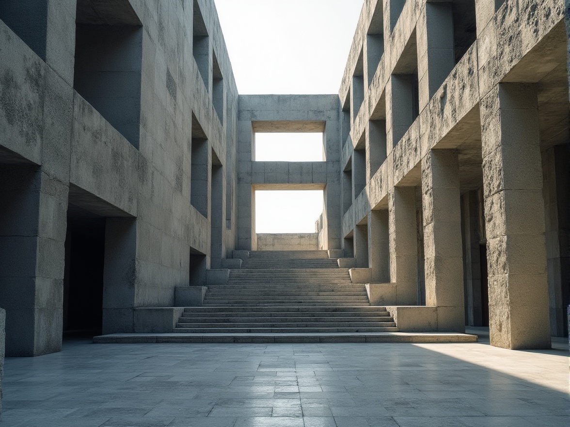 Prompt: Brutalist architecture, rugged granite walls, rough-hewn texture, monumental structure, grand staircase, imposing pillars, minimalist decor, industrial aesthetic, urban landscape, city square, dramatic lighting, low-angle shot, heroic composition, harsh shadows, bold lines, monumental scale, weathered stone surface, natural material, raw concrete accents, functional simplicity.