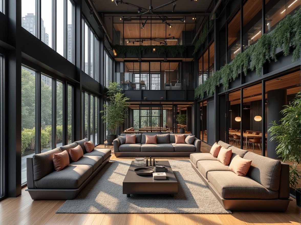 Prompt: Modern student hall, incorporating black color accents, sleek minimalist design, spacious common area, floor-to-ceiling windows, wooden floors, black metal frames, geometric-shaped furniture, plush sofas, rectangular coffee tables, pendant lamps, greenery walls, urban cityscape view, warm softbox lighting, 3/4 composition, realistic render.