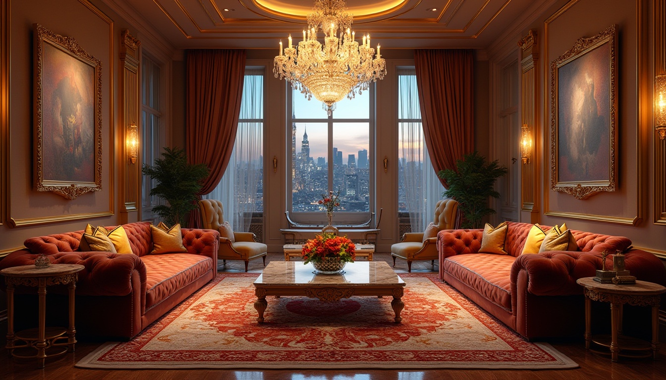 Prompt: Luxurious interior, golden accents, ornate frames, velvet sofa, marble coffee table, crystal chandelier, richly detailed carpet, floor-to-ceiling windows, city skyline view, evening atmosphere, warm softbox lighting, cinematic composition, high-end furniture, opulent decorations, lavish ambiance, regal colors, sophisticated elegance.