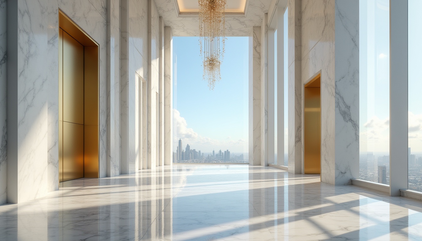 Prompt: Marble skyscraper, modern architecture, luxurious, sleek lines, grand entrance, high-rise building, cityscape, urban landscape, daytime, clear blue sky, few clouds, marble facade, white marble columns, golden elevator doors, polished marble floors, minimalist interior design, spacious lobby, large chandelier, natural light pouring in through floor-to-ceiling windows, panoramic view of the city, 3/4 composition, low-angle shot, warm lighting, cinematic ambiance.