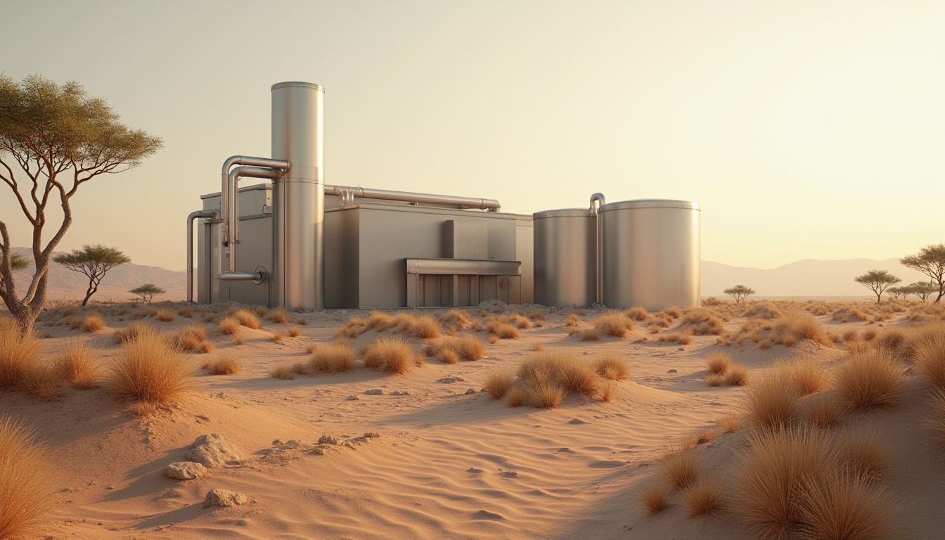 Prompt: Minimalist energy plant, savannah-inspired, industrial pipes, metallic structure, sleek lines, modern architecture, desert landscape, acacia trees, sandy dunes, warm sunlight, soft shadows, 3/4 composition, low-angle shot, atmospheric haze, subtle texture, realistic rendering, cinematic lighting.