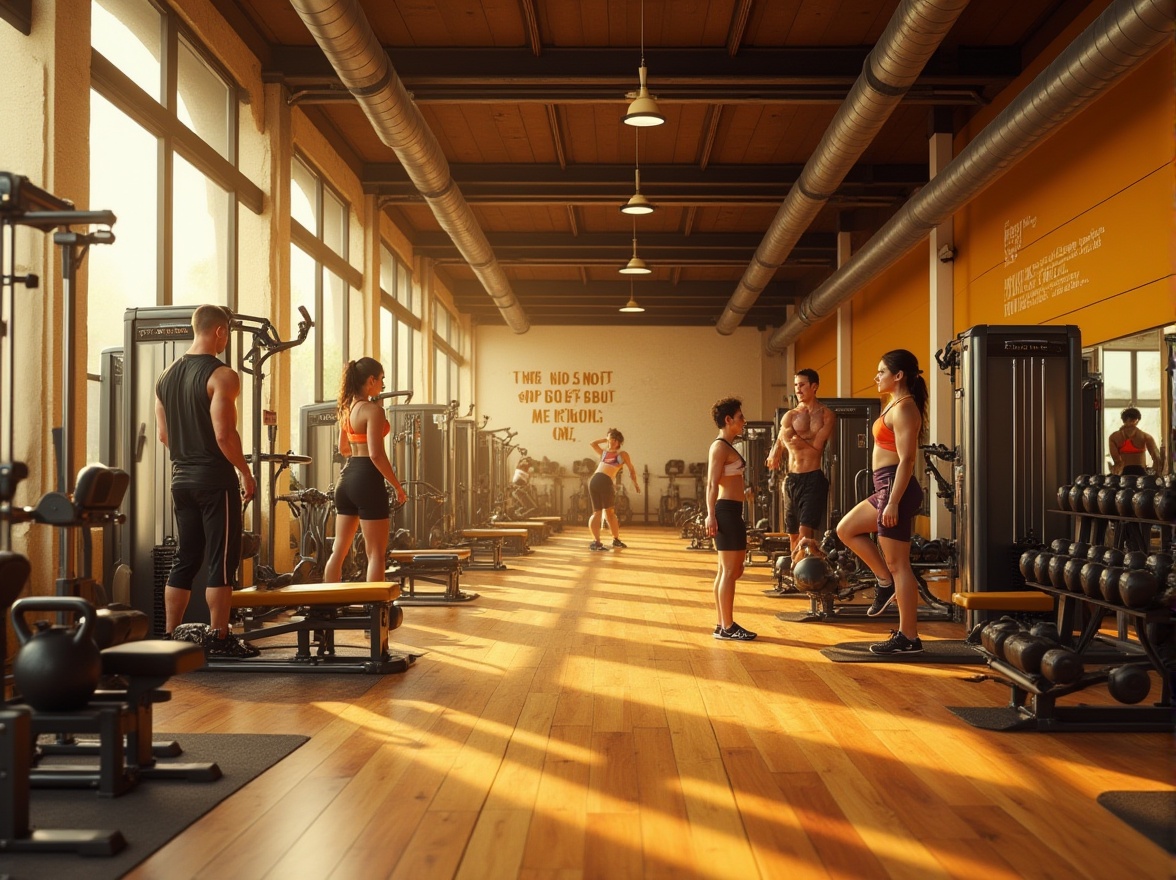 Prompt: Golden color scheme, modern gymnasium interior, high ceiling, large windows, natural light pouring in, warm and inviting atmosphere, motivational quotes on walls, sleek wooden floor, rows of exercise machines, dumbbells, kettlebells, Olympic weights, benches, mirrors, athletic wear-clad people exercising, intense facial expressions, sweat-drenched brows, dynamic poses, golden accents on equipment, metallic sheen, high-gloss finish, panoramic view, 3/4 composition, softbox lighting, shallow depth of field, vivid contrast.