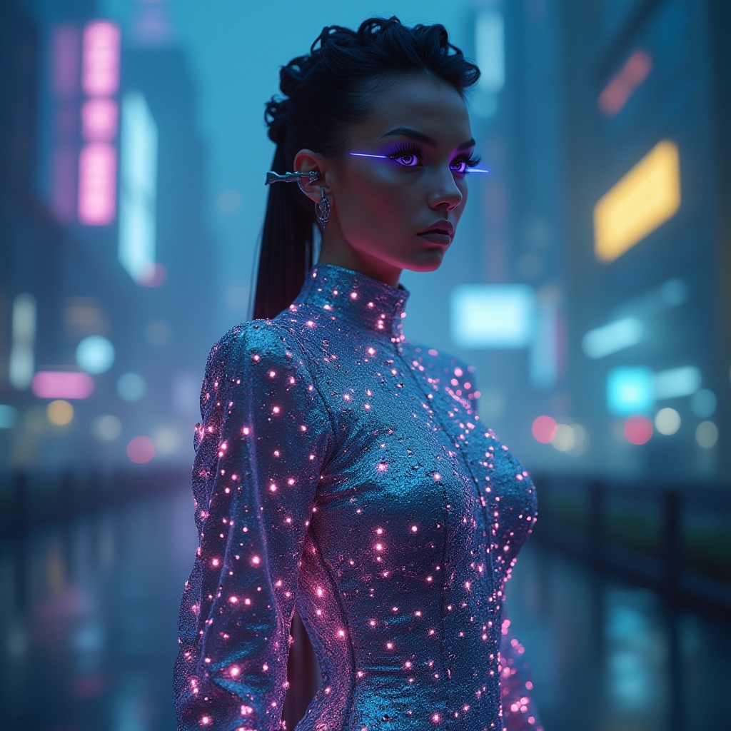 Prompt: Futuristic fashion model, high-tech fabric, metallic sheen, holographic patterns, neon lights, cyberpunk cityscape, skyscraper background, night scene, misty atmosphere, foggy streets, dim streetlights, reflective surface, iridescent colors, LED embedded fabric, 3D printed texture, geometric shapes, robotic poses, avant-garde makeup, glowing eyes, bold hairstyle, metallic accessories, neon-lit catwalk.