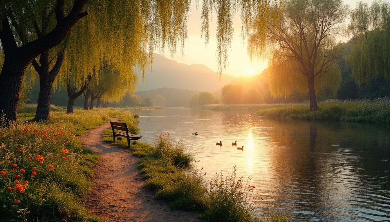 Prompt: Riverbank scenery, sunset atmosphere, gentle willow trees swaying, wildflowers blooming in vibrant colors, narrow dirt path alongside calm river, few ducks swimming lazily, old wooden bench facing river, serene distant mountains backdrop, soft ripples on water surface with light breeze, warm and soft ambient lighting, natural texture, earthy tone, peaceful composition, panoramic view.