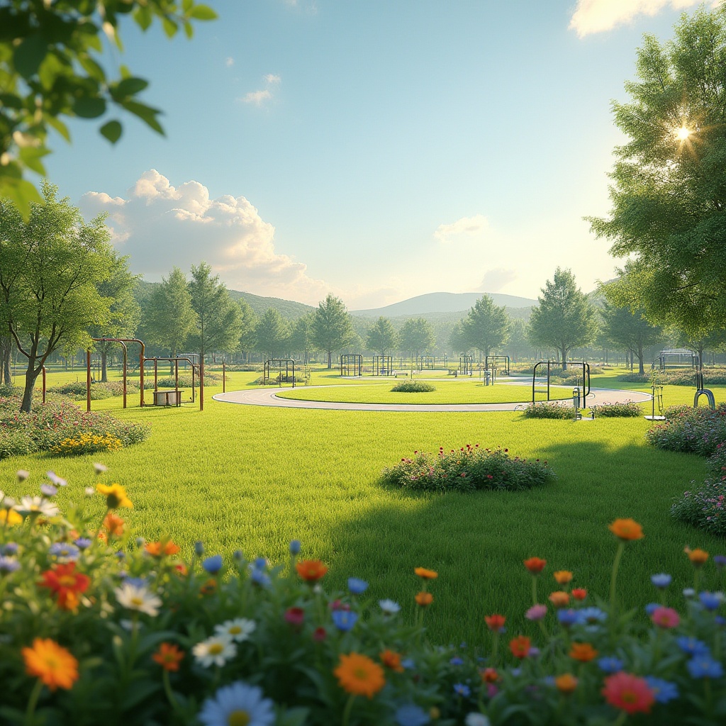 Prompt: Serene meadow-like environment, sunny day, warm soft light, vibrant green grass, variety of colorful wildflowers blooming, few fluffy white clouds, gentle breeze, sports equipment scattered, athletic tracks winding through the landscape, fitness stations with exercise machines, wooden benches for resting, refreshing water fountains, natural stone pathways, distant trees providing shade, panoramic view, 3/4 composition, soft focus on background, warm ambient lighting.