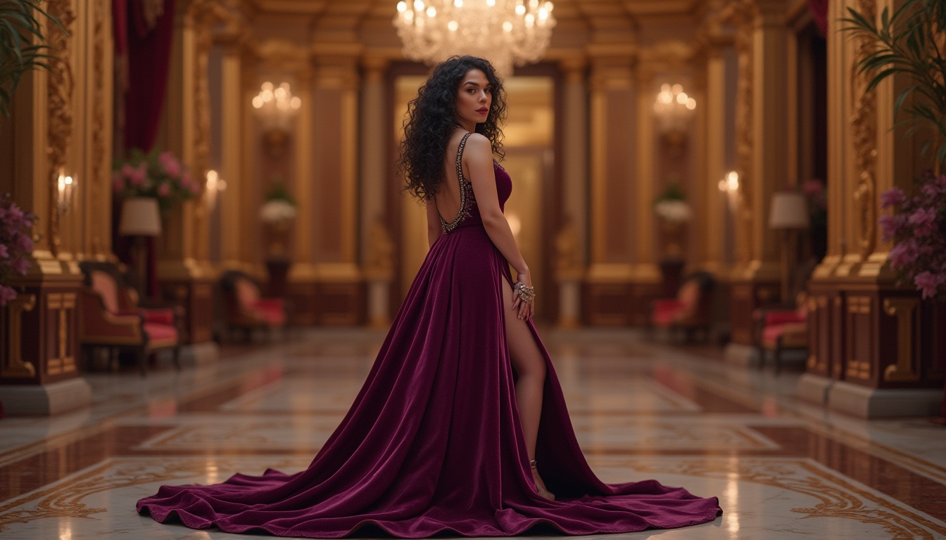 Prompt: Luxurious, amethyst-colored, velvet fabric, ornate details, golden accents, regal atmosphere, solo, mature lady, long curly hair, bold eyeliner, red lips, evening gown, low-cut back, slit, high heels, diamond necklace, rings, bracelet, lavish interior, palace, grand chandelier, marble floor, softbox lighting, warm ambient glow, cinematic composition, 3/4 view, slight blur effect.