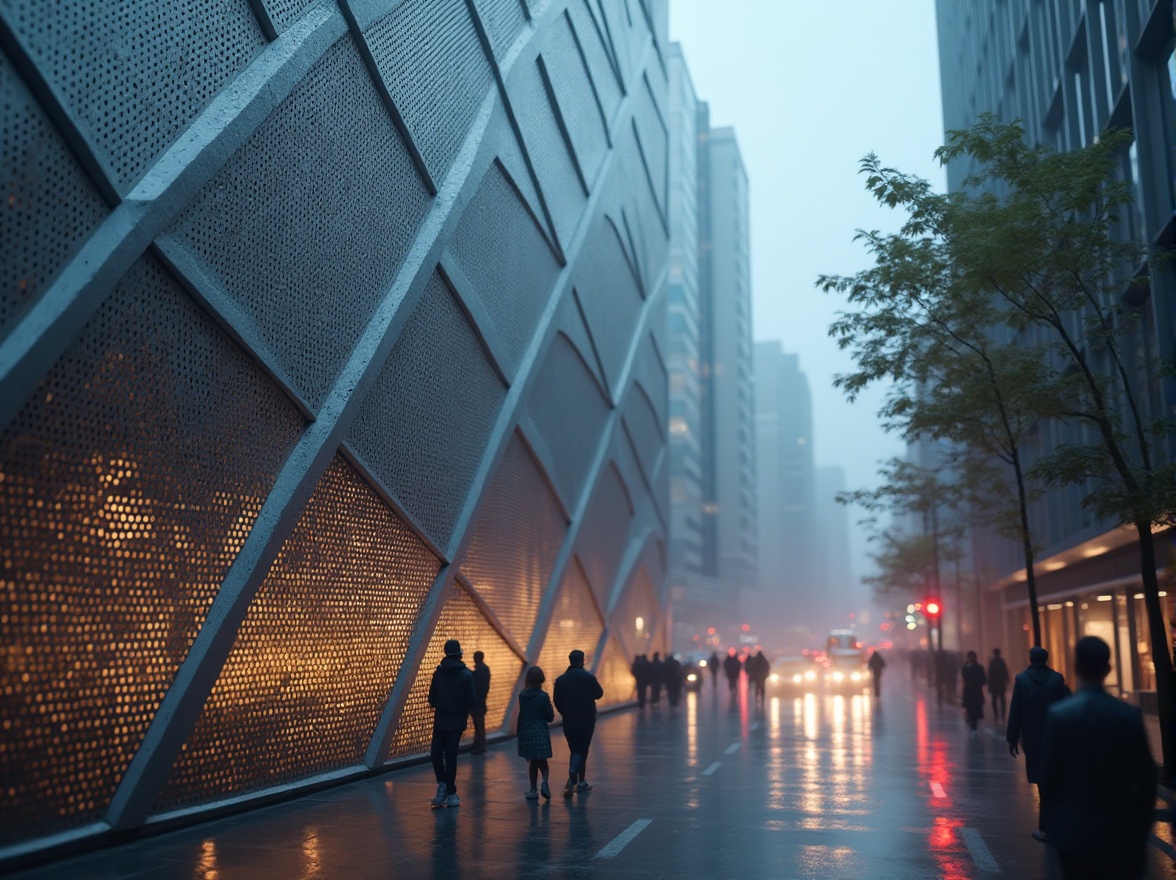 Prompt: Modern urban landscape, perforated metal facade, sleek skyscraper, silver reflective material, geometric patterns, intricate details, city lights reflection, busy street scene, people walking, cars passing by, rainy night, misty atmosphere, blurred background, shallow depth of field, futuristic ambiance, high-contrast lighting, 3/4 composition.