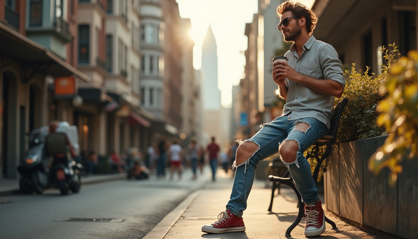 Prompt: Urban cityscape, khaki color tone, modern skyscrapers, busy streets, trendy cafes, hipster men, casual wear, ripped jeans, sneakers, messy hair, sunglasses, holding coffee cups, leaning against buildings, graffiti walls, urban plants, metal benches, afternoon sunlight, shallow depth of field, cinematic composition, warm and soft ambient lighting.