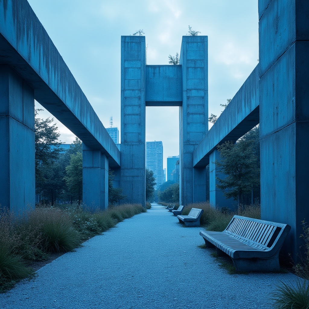 Prompt: Brutalist park design, urban planning, blue color scheme, concrete structures, geometric shapes, bold lines, minimalist aesthetic, industrial vibe, urban landscape, cityscape, skyscrapers, modern architecture, abstract sculptures, steel benches, gravel pathways, wildflowers, dramatic shadows, moody atmosphere, cinematic composition, high contrast lighting, vibrant blue hues, reflective surfaces, metallic textures.