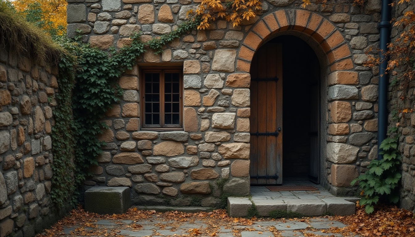 Prompt: Rustic masonry wall, ancient stones, weathered texture, earthy tones, moss-covered cracks, ivy vines crawling up, wooden door with iron hinges, arched windows, dim lighting, warm ambiance, medieval-inspired architecture, European countryside village, autumn afternoon, misty atmosphere, soft focus, cinematic composition.