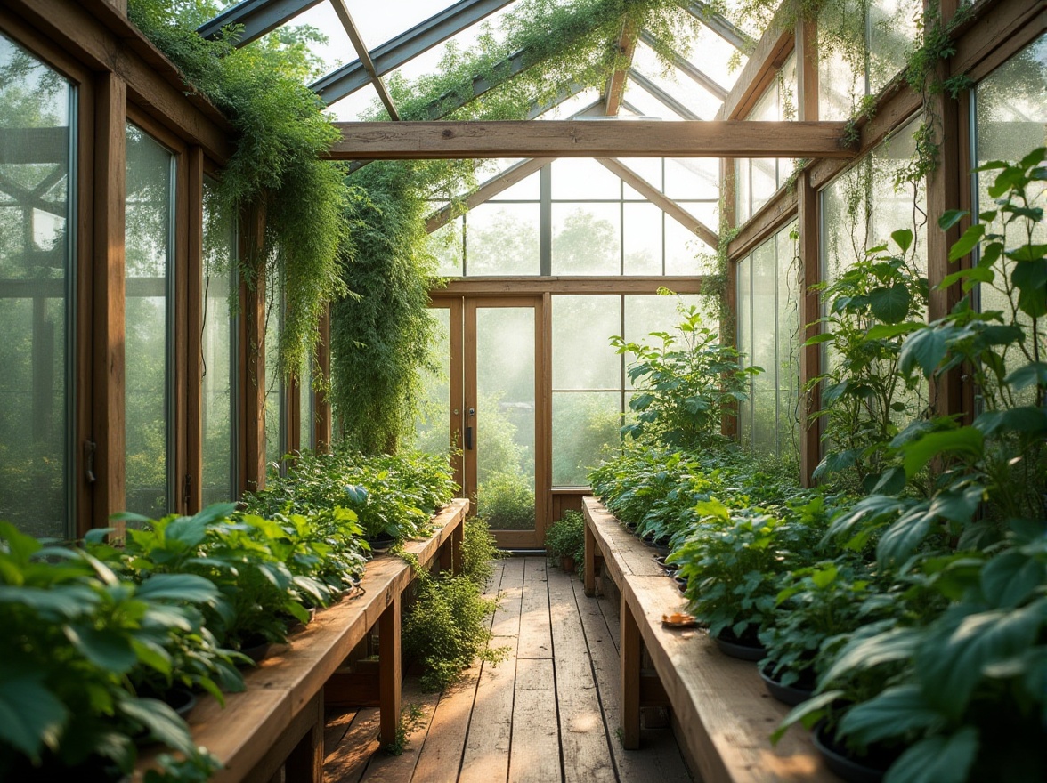 Prompt: Sustainable greenhouse, regionalism, eco-friendly, modern architecture, transparent glass walls, lush greenery, solar panels, recycling facilities, composting area, natural ventilation, bamboo flooring, wooden beams, vines climbing up the structure, serene atmosphere, misty morning, soft natural lighting, 3/4 composition, shallow depth of field, warm color tone.