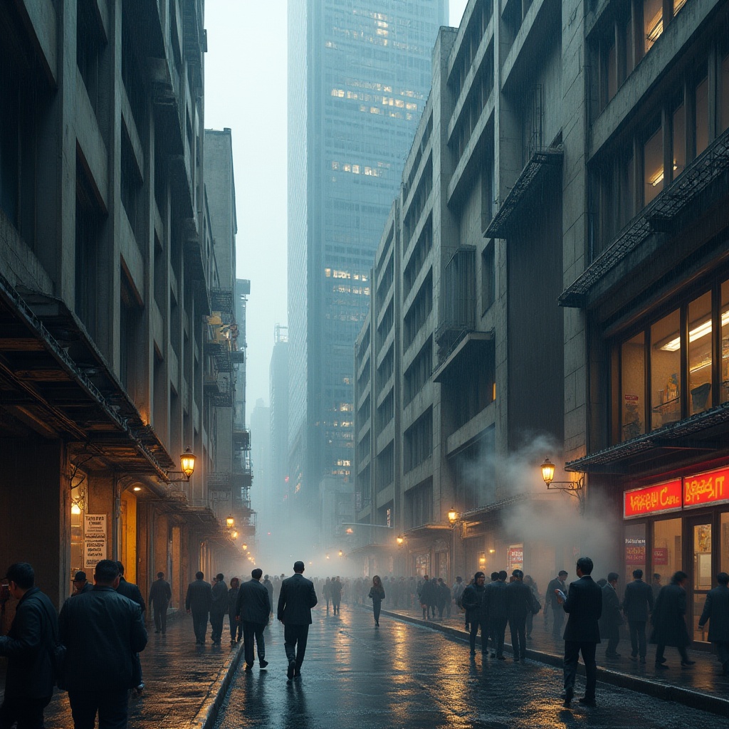 Prompt: urban commercial districts, brutalist architecture, concrete skyscrapers, geometric shapes, industrial texture, metallic accents, neon lights, bustling streets, crowded sidewalks, suits and ties, briefcases, smartphones, city sounds, steam rising from manholes, rainy nights, dramatic lighting, low-angle shot, cinematic composition.